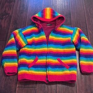 Ishka Rainbow Striped Wool Fleece Lined Zip Hoodie Sweater Handmade Nepal M READ
